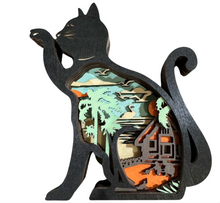 Load image into Gallery viewer, Black Cat with Paw Up Layered Wood Shelf Sitter
