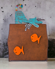 Load image into Gallery viewer, Recycled Metal 10" Crouching Cat and Fish Magnet Board
