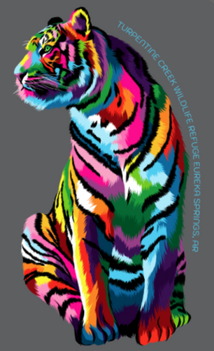 Colorful tiger illustration on a gray background with text.