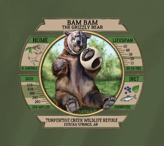 A round t-shirt featuring an image of a grizzly bear with a ball, along with text that includes the bear's name, size, age, diet, and habitat information.