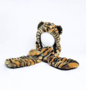 Fuzzy Tiger Hat with Attached Mittens